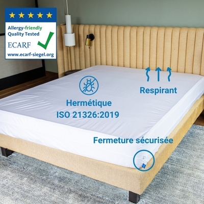 housse anti acariens sous 3 points : fermeture sécurisée, respirant, et hermétique aux allergènes.