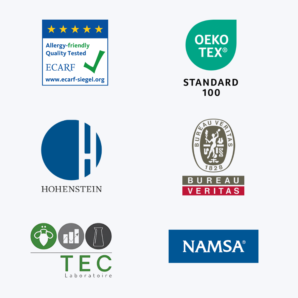 housses anti acariens certifiées avec le logo ecar, oeko-tex, hohenstein, bureau veritas, tec laboratoire