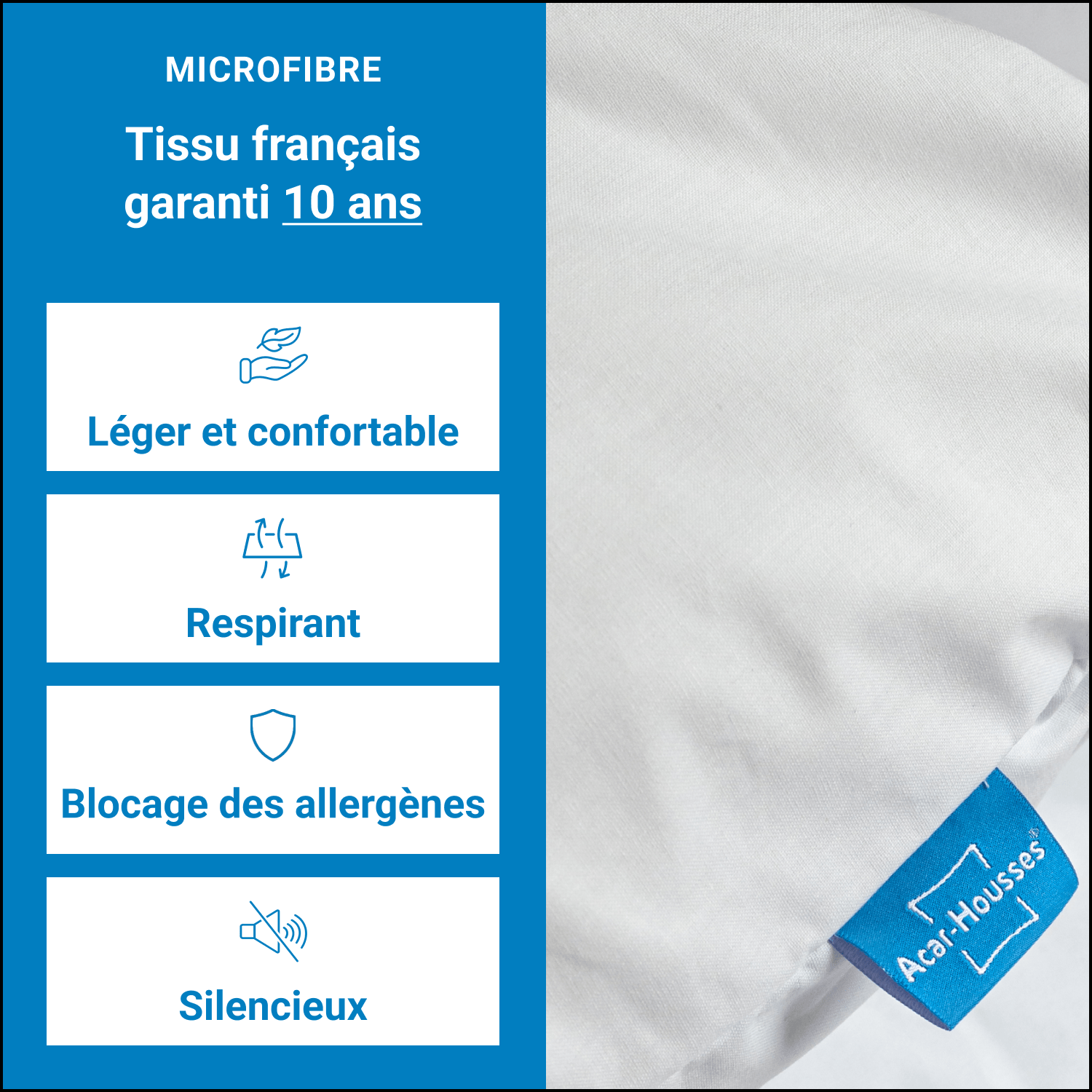 Tissu  de parure anti acarien 140x200x20 cm léger, respirant, français, silencieux et garanti 10 ans.